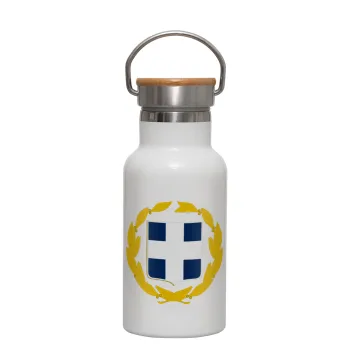Hellas Εθνόσημο, Μεταλλικό παγούρι θερμός (Stainless steel) Λευκό με ξύλινο καπακι (bamboo), διπλού τοιχώματος, 350ml