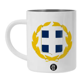 Hellas Εθνόσημο, Λευκή Ανοξείδωτη Μεταλλική Κούπα 450ml - Διπλού Τοιχώματος 