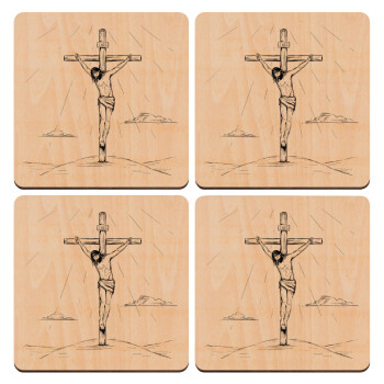 Jesus Christ , ΣΕΤ x4 Σουβέρ ξύλινα τετράγωνα plywood (9cm)