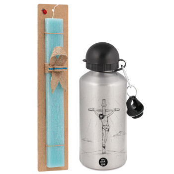 Jesus Christ , Easter Set, metallic silver aluminum water bottle (500ml) & scented flat Easter candle (30cm) (TURQUOISE)