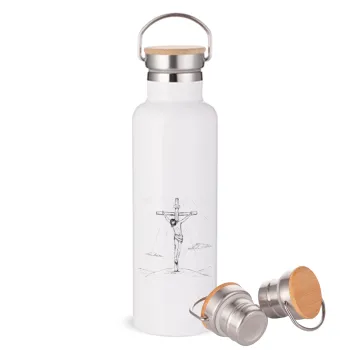 Jesus Christ , Μεταλλικό παγούρι θερμός (Stainless steel) Λευκό με ξύλινο καπάκι (bamboo), διπλού τοιχώματος, 750ml