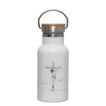 Jesus Christ , Metallic thermos (Stainless steel) White with wooden lid (bamboo), double-walled, 350ml