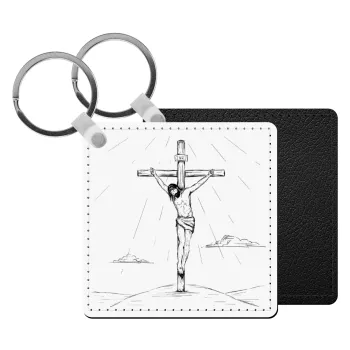Jesus Christ , Μπρελόκ Δερματίνη, τετράγωνο ΜΑΥΡΟ (5x5cm)