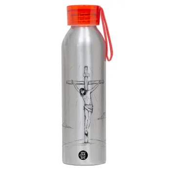 Jesus Christ , Αλουμινένιο Αθλητικό Μπουκάλι 650ml – Ασημί με Κόκκινο Καπάκι και Λουράκι Σιλικόνης