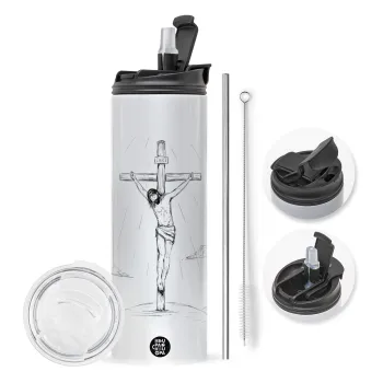 Jesus Christ , Travel Tumbler 2 Lids, with metal straw & cleaning brush (Stainless steel 304 Food grade, BPA free, 600ml)
