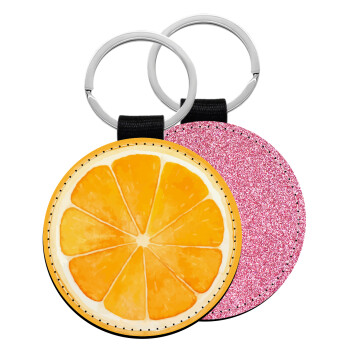 Orange, Μπρελόκ Δερματίνη, στρογγυλό ΡΟΖ (5cm)