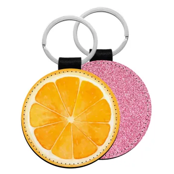 Orange, Μπρελόκ Δερματίνη, στρογγυλό ΡΟΖ (5cm)