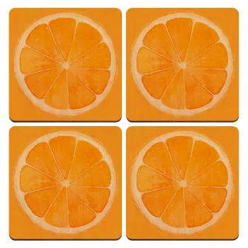 Πορτοκάλι, ΣΕΤ x4 Σουβέρ ξύλινα τετράγωνα plywood (9cm)
