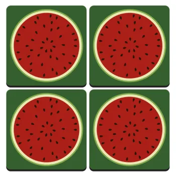 Καρπούζι, ΣΕΤ 4 Σουβέρ ξύλινα τετράγωνα (9cm)
