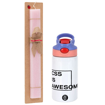 CSS is awesome, Easter Set, Children's thermal stainless steel water bottle with safety straw, pink/purple (350ml) & Easter scented flat candle (30cm) (PINK)