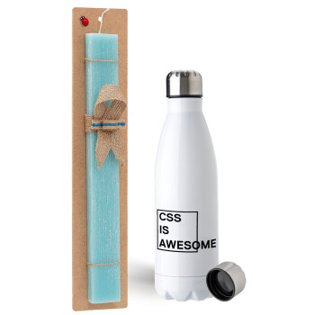 CSS is awesome, Easter Set, metallic stainless steel water bottle (750ml) & aromatic flat Easter candle (30cm) (TURQUOISE)