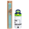 Easter Set, Children's thermal stainless steel bottle with safety straw, green/blue (350ml) & aromatic flat Easter candle (30cm) (TURQUOISE)