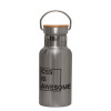 Stainless steel metallic thermos flask, silver with a bamboo lid, double-walled, 350ml.