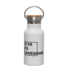 Metallic thermos (Stainless steel) White with wooden lid (bamboo), double-walled, 350ml