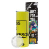 Neon Yellow Travel Tumbler θερμό, μεταλλικό καλαμάκι(Ανωξείδωτο 304 Food grade, BPA free, 600ml)