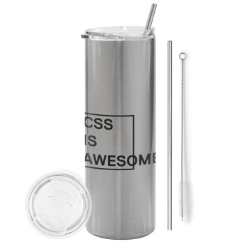 CSS is awesome, Eco friendly ποτήρι θερμό Ασημένιο (tumbler) από ανοξείδωτο ατσάλι 600ml, με μεταλλικό καλαμάκι & βούρτσα καθαρισμού