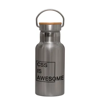CSS is awesome, Stainless steel metallic thermos flask, silver with a bamboo lid, double-walled, 350ml.