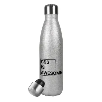 CSS is awesome, Metallic Glitter Silver Thermos Flask (Stainless steel), double-walled, 500ml