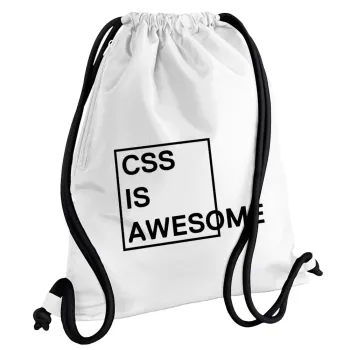 CSS is awesome, Backpack pouch GYMBAG white, with pocket (40x48cm) & thick cords