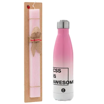 CSS is awesome, Easter Set, Metallic pink/white (Stainless steel) thermos, double-walled, 500ml & aromatic flat Easter candle (30cm) (PINK)