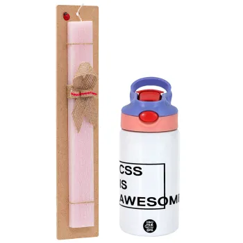 CSS is awesome, Easter Set, Children's thermal stainless steel water bottle with safety straw, pink/purple (350ml) & Easter scented flat candle (30cm) (PINK)