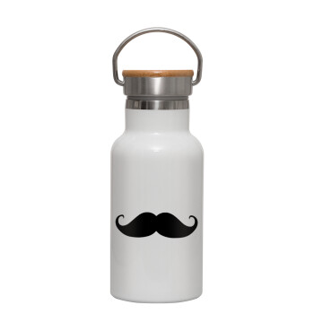 moustache, Metallic thermos (Stainless steel) White with wooden lid (bamboo), double-walled, 350ml