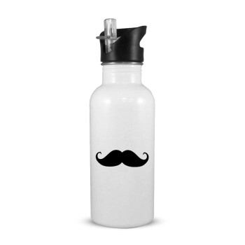 moustache, White water bottle with straw, stainless steel 600ml