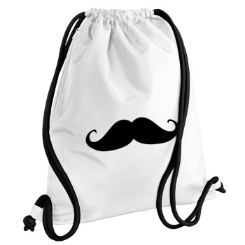 Μουστάκι, Τσάντα πλάτης πουγκί GYMBAG λευκή, με τσέπη (40x48cm) & χονδρά κορδόνια