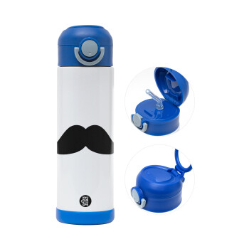 moustache, Children's hot water bottle, stainless steel, with safety straw, BLUE (500ml)