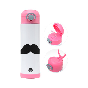moustache, Children's hot water bottle, stainless steel, with safety straw, PINK (500ml)