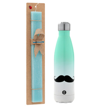 moustache, Easter Set, Metallic green/white thermos (Stainless steel), double-walled, 500ml & scented flat Easter candle (30cm) (TURQUOISE)