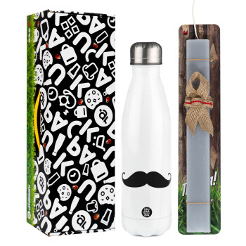 moustache, Easter candle, metallic white thermos bottle (500ml) & aromatic flat candle (30cm) (GRAY)
