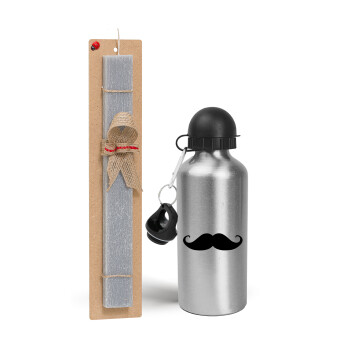 moustache, Πασχαλινό Σετ, παγούρι μεταλλικό Ασημένιο αλουμινίου (500ml) & πασχαλινή λαμπάδα αρωματική πλακέ (30cm) (ΓΚΡΙ)