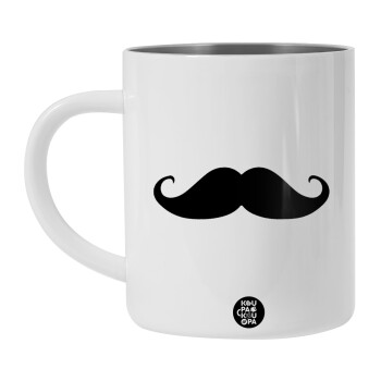 Μουστάκι, Λευκή Ανοξείδωτη Μεταλλική Κούπα 450ml - Διπλού Τοιχώματος 