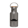 Stainless steel metallic thermos flask, silver with a bamboo lid, double-walled, 350ml.