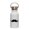 Metallic thermos (Stainless steel) White with wooden lid (bamboo), double-walled, 350ml