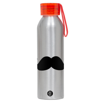 Μουστάκι, Αλουμινένιο Αθλητικό Μπουκάλι 650ml – Ασημί με Κόκκινο Καπάκι και Λουράκι Σιλικόνης