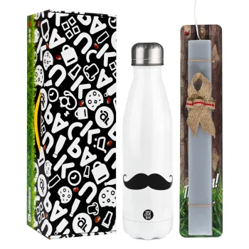 moustache, Easter candle, metallic white thermos bottle (500ml) & aromatic flat candle (30cm) (GRAY)