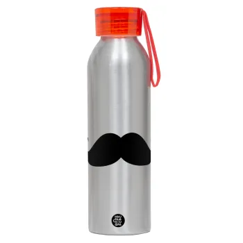 Μουστάκι, Αλουμινένιο Αθλητικό Μπουκάλι 650ml – Ασημί με Κόκκινο Καπάκι και Λουράκι Σιλικόνης