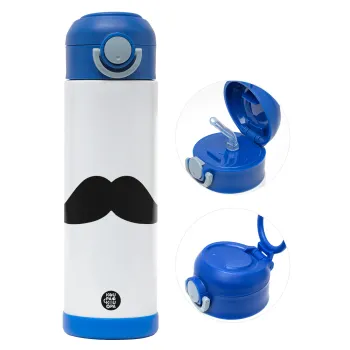 Μουστάκι, Παιδικό παγούρι θερμό, ανοξείδωτο, με καλαμάκι ασφαλείας, ΜΠΛΕ (500ml)