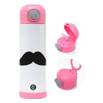 Μουστάκι, Παιδικό παγούρι θερμό, ανοξείδωτο, με καλαμάκι ασφαλείας, ΡΟΖ (500ml)