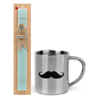 moustache, Easter Set, metallic thermal cup (300ml) & aromatic flat Easter candle (30cm) (TURQUOISE)