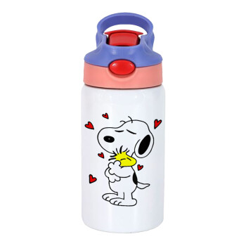 Snoopy Love, Children's hot water bottle, stainless steel, with safety straw, pink/purple (350ml)