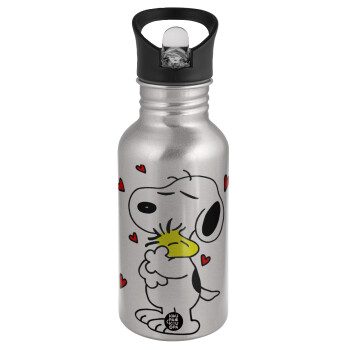 Snoopy Love, Water bottle Silver with straw, stainless steel 500ml