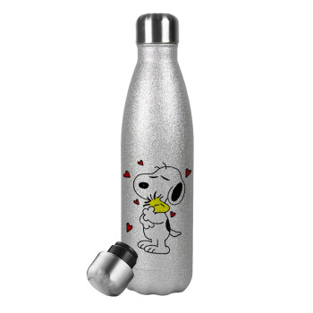 Snoopy Love, Μεταλλικό παγούρι θερμός Glitter Aσημένιο (Stainless steel), διπλού τοιχώματος, 500ml