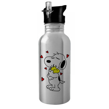 Snoopy Love, Παγούρι νερού Ασημένιο με καλαμάκι, ανοξείδωτο ατσάλι 600ml