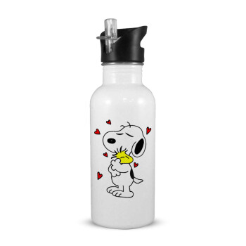 Snoopy Love, White water bottle with straw, stainless steel 600ml