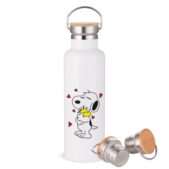 Snoopy Love, Μεταλλικό παγούρι θερμός (Stainless steel) Λευκό με ξύλινο καπάκι (bamboo), διπλού τοιχώματος, 750ml