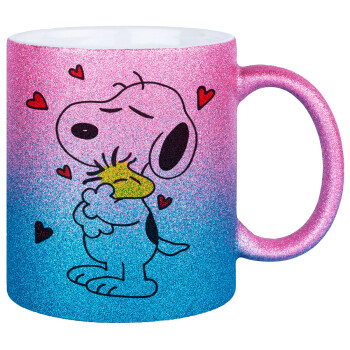 Snoopy Love, Κούπα Χρυσή/Μπλε Glitter, κεραμική, 330ml