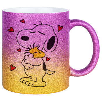 Snoopy Love, Κούπα Χρυσή/Ροζ Glitter, κεραμική, 330ml